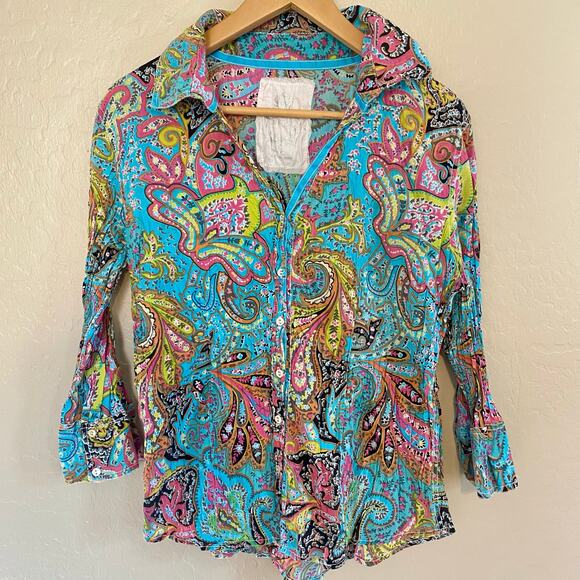 Cino Crinkle Button Up Blouse Paisley Womens Size XL 100% Cotton Boho Bohemian - Picture 1 of 4